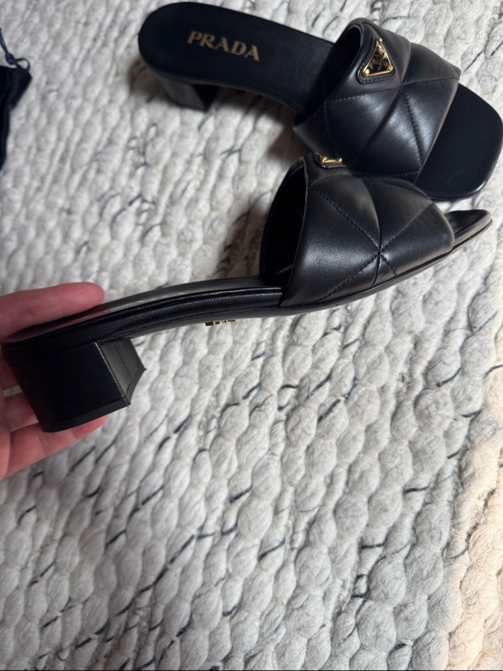Prada Black Quilted Leather Heeled Slides with Gold Logo - Picture 4 of 8